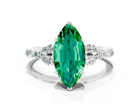 White gold Marquise Cut Emerald Solitaire Ring with Side Stones and Four-Prong Setting_24