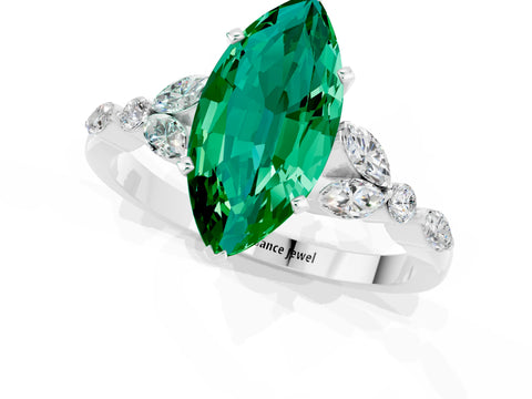 White gold Marquise Cut Emerald Solitaire Ring with Side Stones and Four-Prong Setting_25