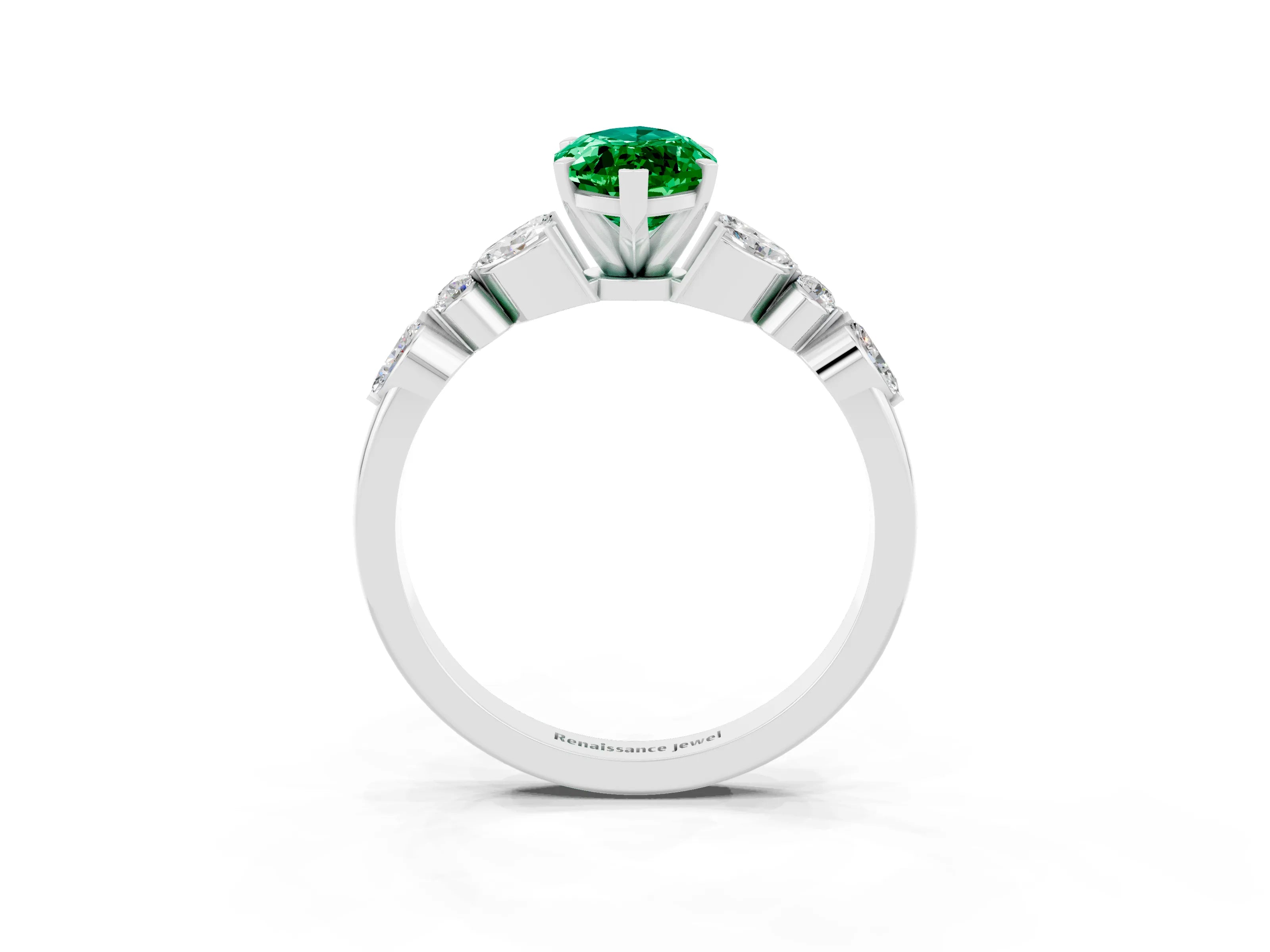 White gold Marquise Cut Emerald Solitaire Ring with Side Stones and Four-Prong Setting_27