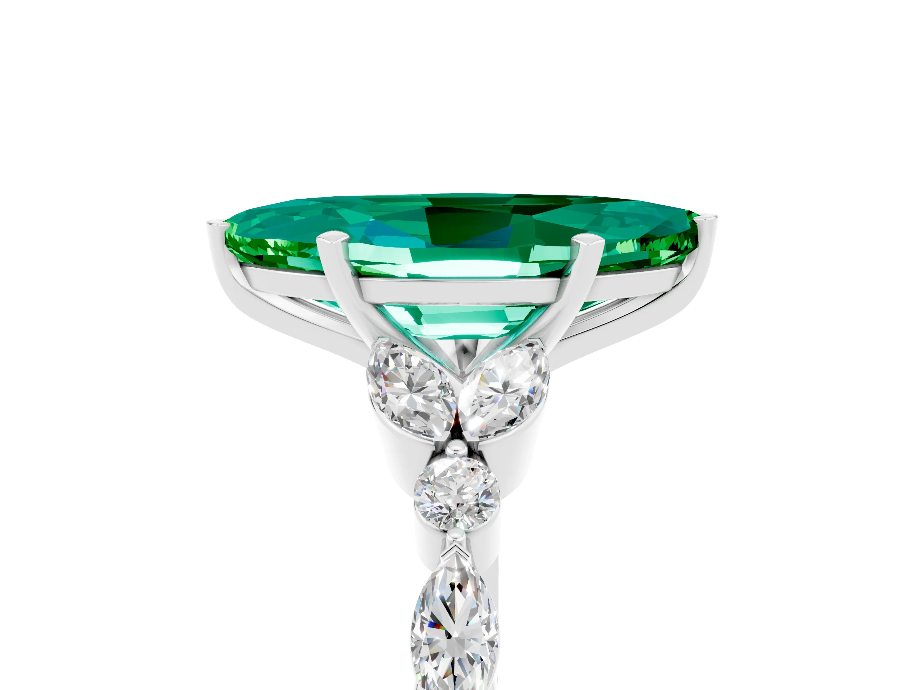 White gold Marquise Cut Emerald Solitaire Ring with Side Stones and Four-Prong Setting_29