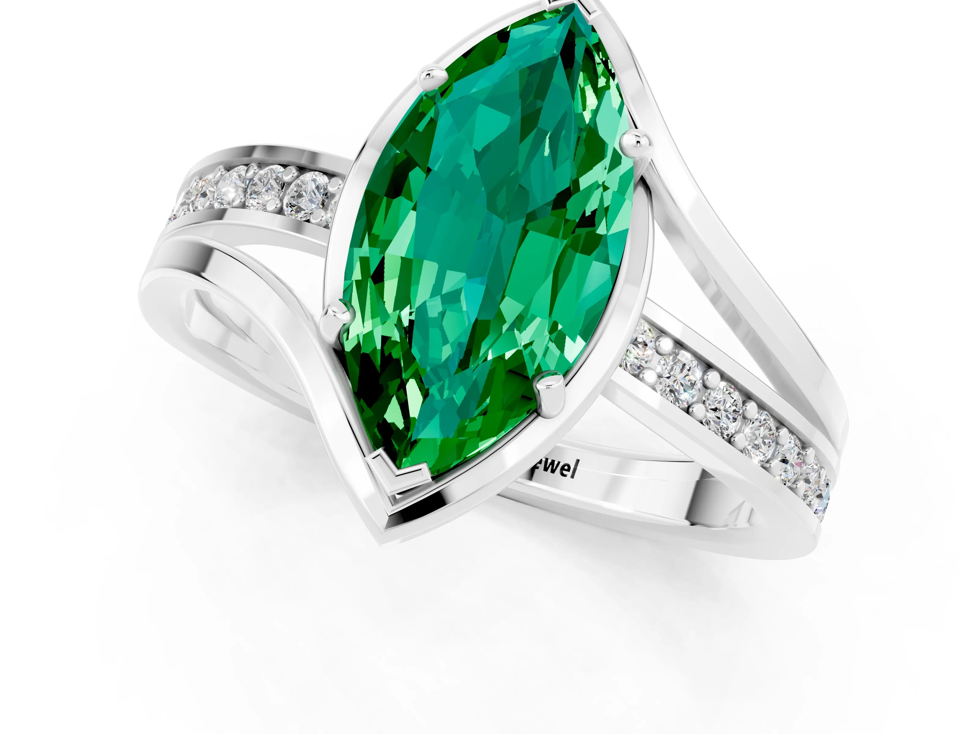 White gold Marquise Cut Emerald Solitaire Ring with Split Shank and Prong Setting_1