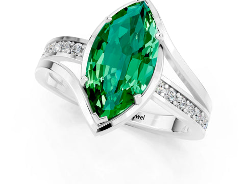 White gold Marquise Cut Emerald Solitaire Ring with Split Shank and Prong Setting_1