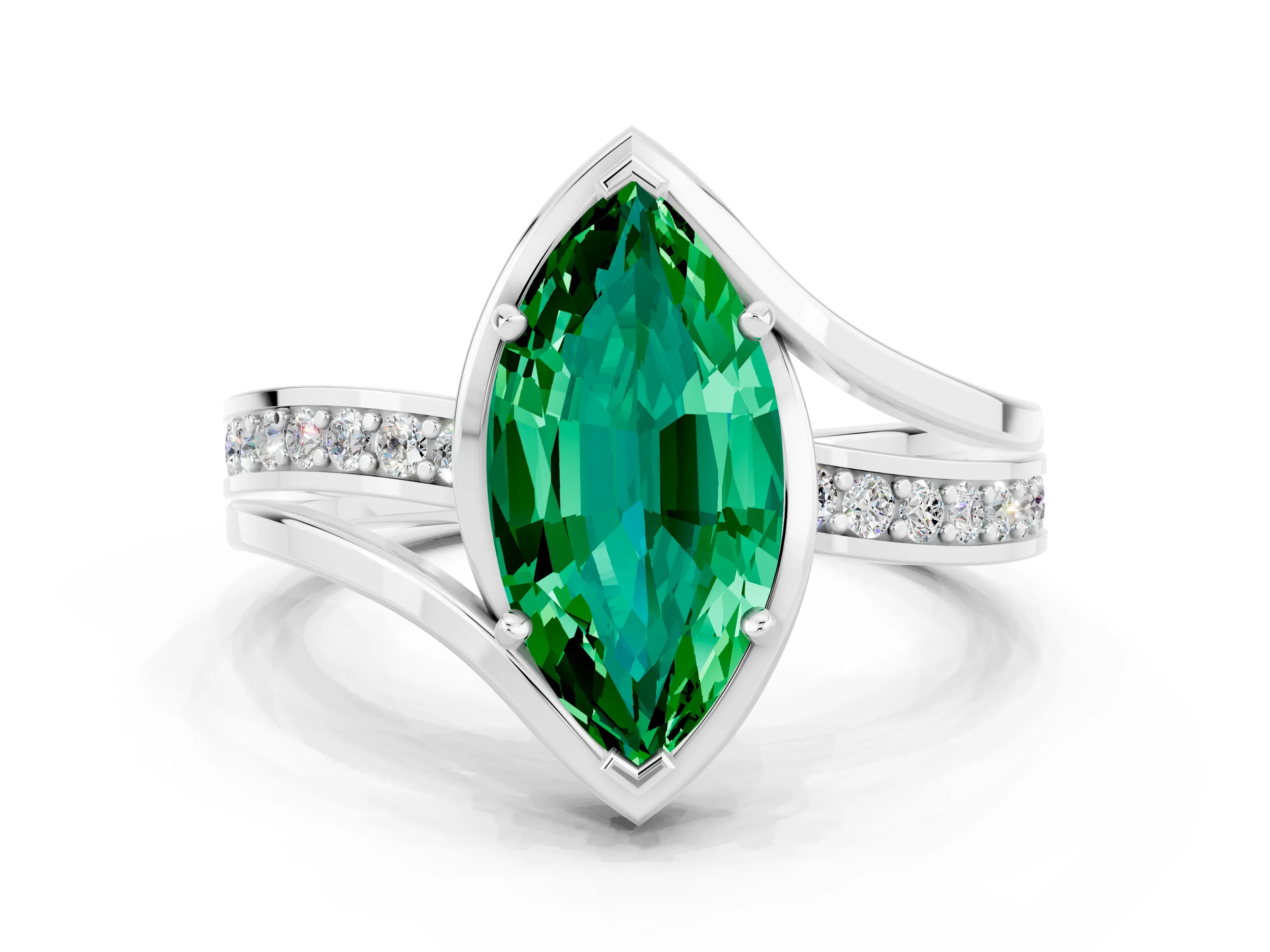 White gold Marquise Cut Emerald Solitaire Ring with Split Shank and Prong Setting