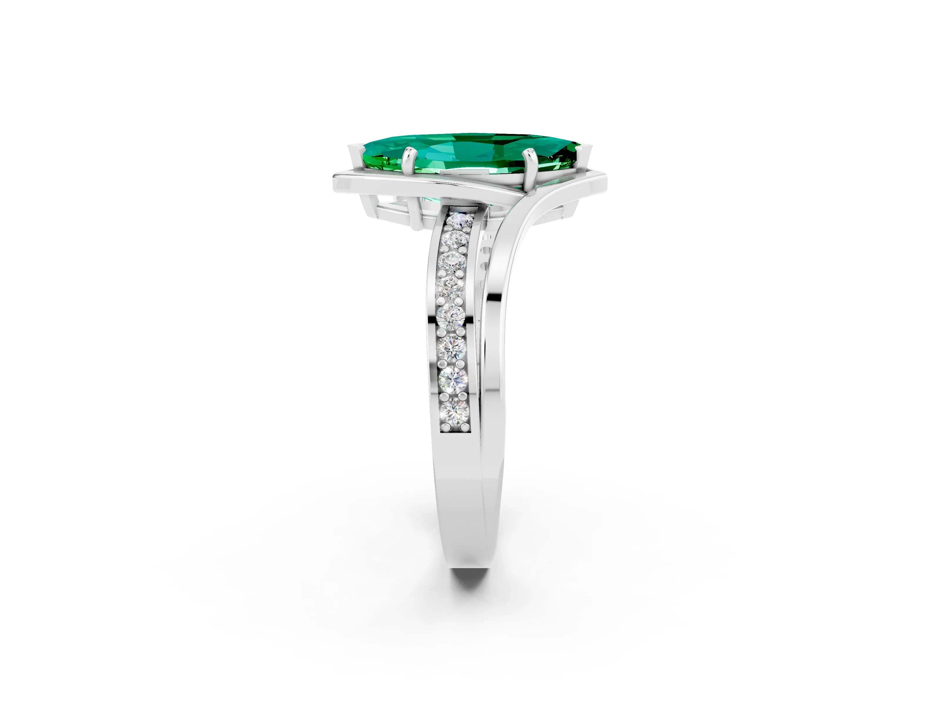 White gold Marquise Cut Emerald Solitaire Ring with Split Shank and Prong Setting_2