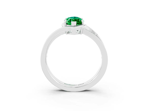 Silver Marquise Cut Emerald Solitaire Ring with Split Shank and Prong Setting