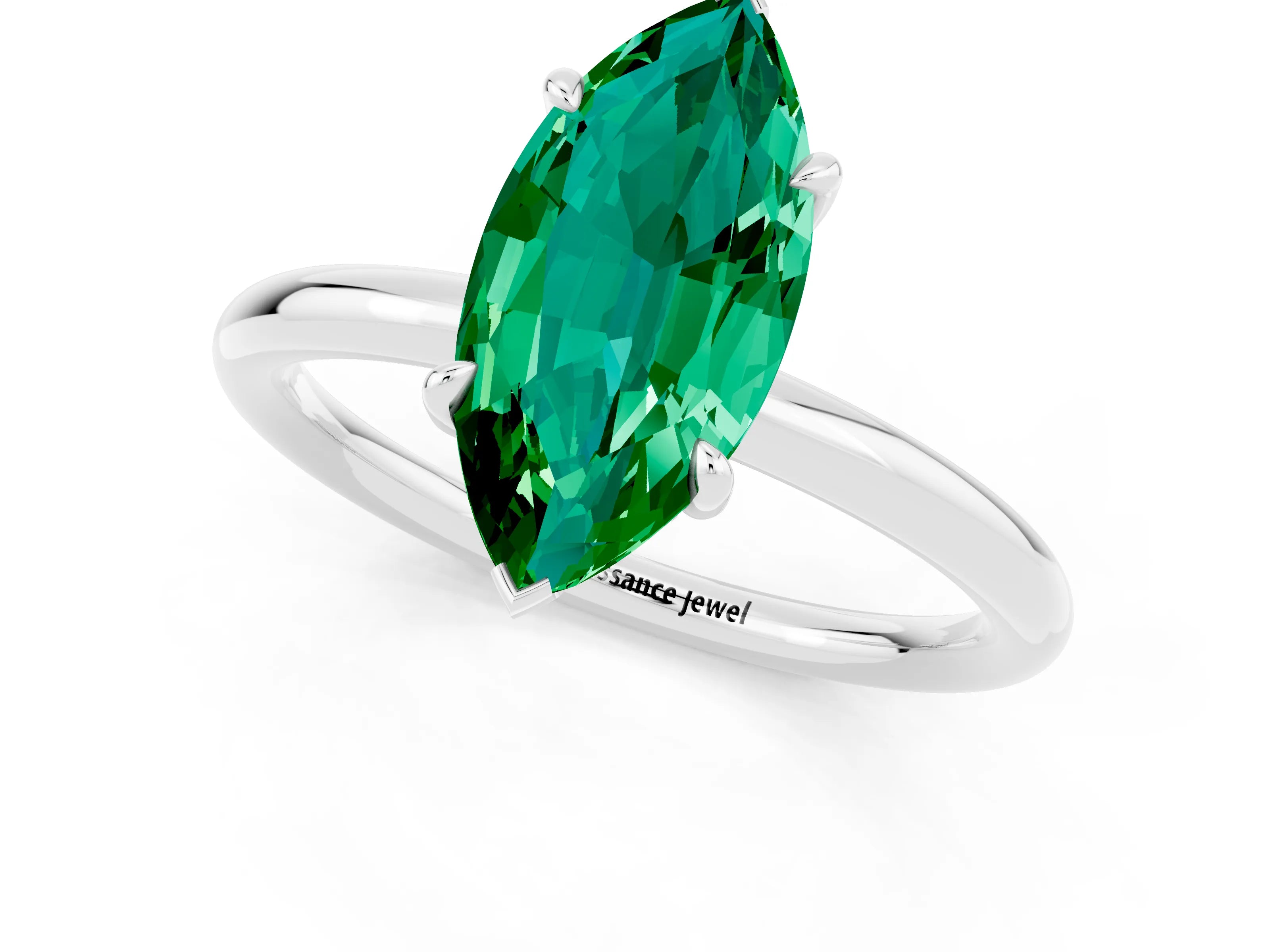White gold Marquise Cut Emerald Solitaire Ring with Thin Band and Four-Prong Setting_13