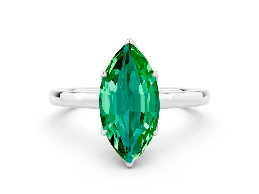 White gold Marquise Cut Emerald Solitaire Ring with Thin Band and Prong Setting_12