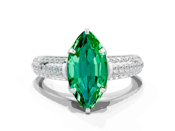 Platinum Marquise Cut Emerald Solitaire Ring with Three-Row Pavé Band and Four-Prong Setting