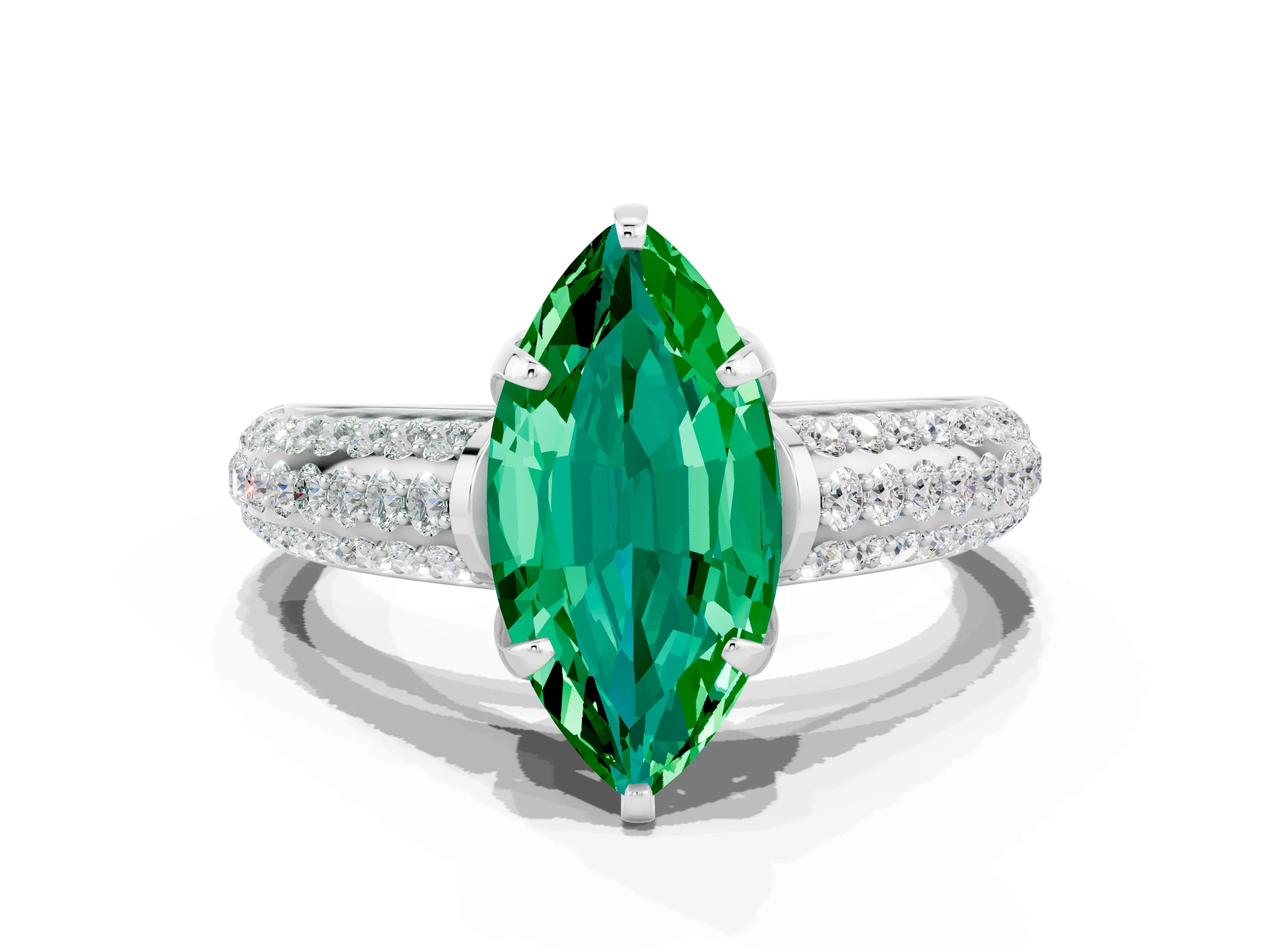 White gold Marquise Cut Emerald Solitaire Ring with Three-Row Pavé Band and Four-Prong Setting_12
