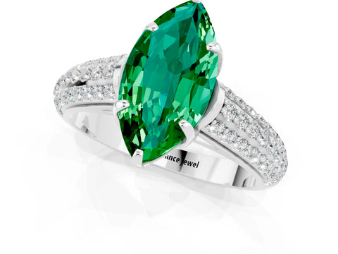 White gold Marquise Cut Emerald Solitaire Ring with Three-Row Pavé Band and Four-Prong Setting_13