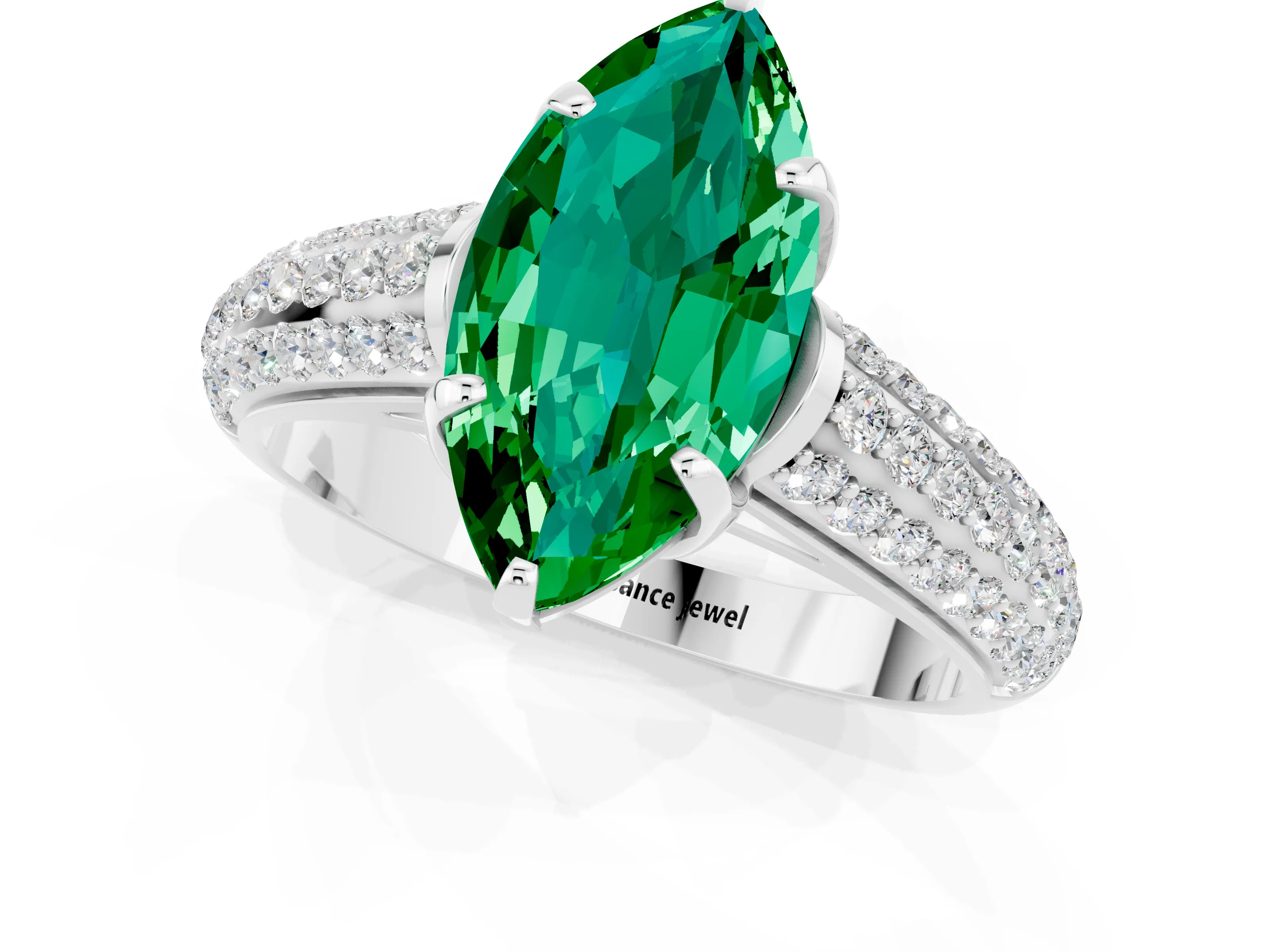 White gold Marquise Cut Emerald Solitaire Ring with Three-Row Pavé Band and Four-Prong Setting_13