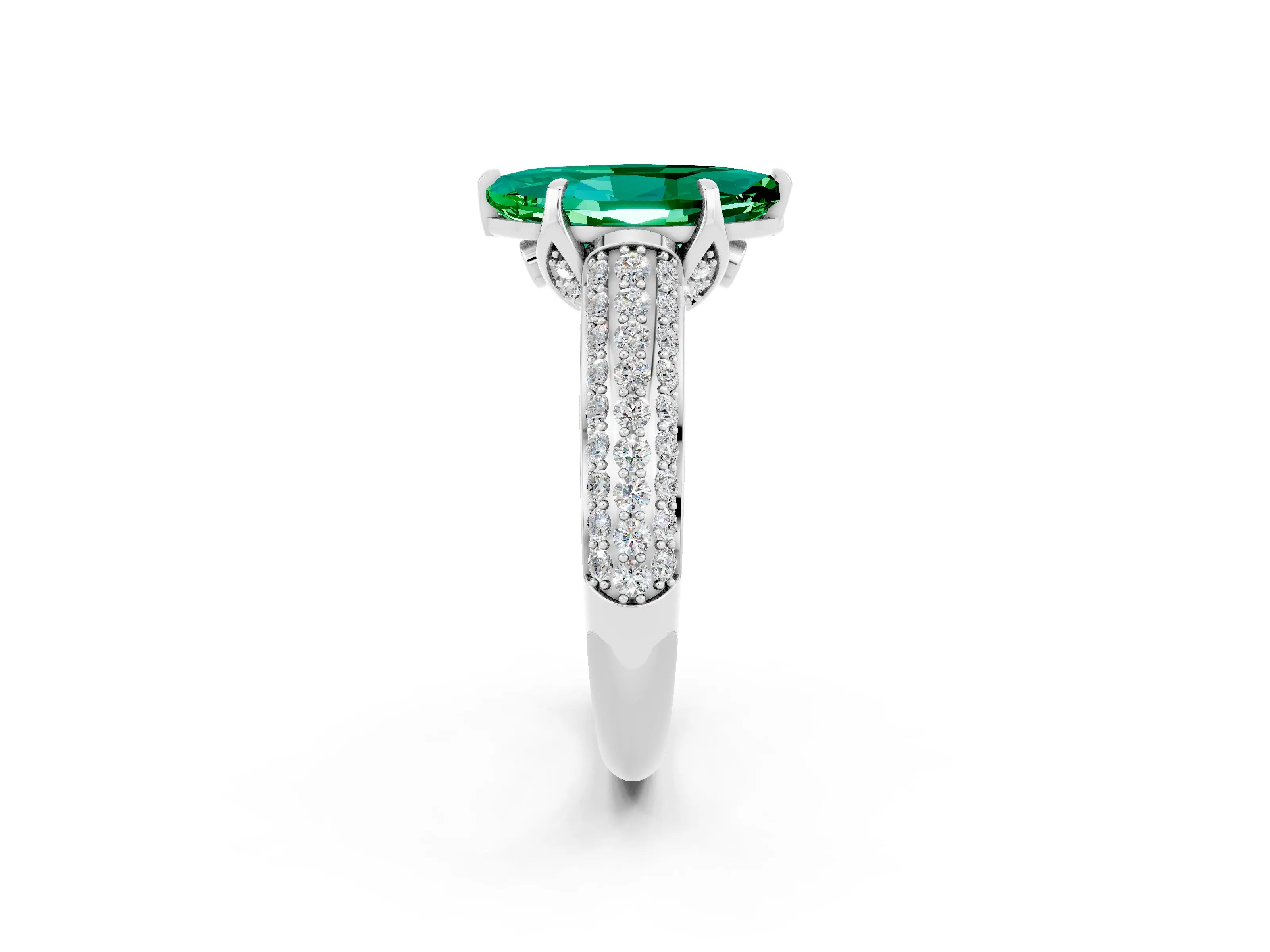 White gold Marquise Cut Emerald Solitaire Ring with Three-Row Pavé Band and Four-Prong Setting_14