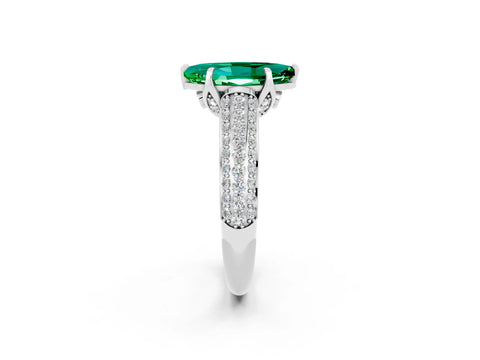 White gold Marquise Cut Emerald Solitaire Ring with Three-Row Pavé Band and Four-Prong Setting_14