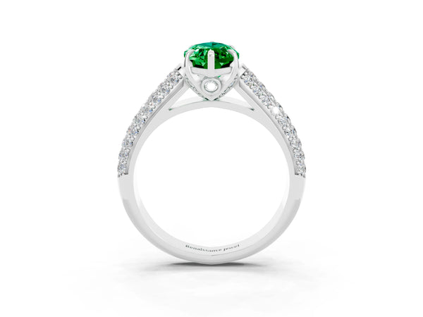 White gold Marquise Cut Emerald Solitaire Ring with Three-Row Pavé Band and Four-Prong Setting