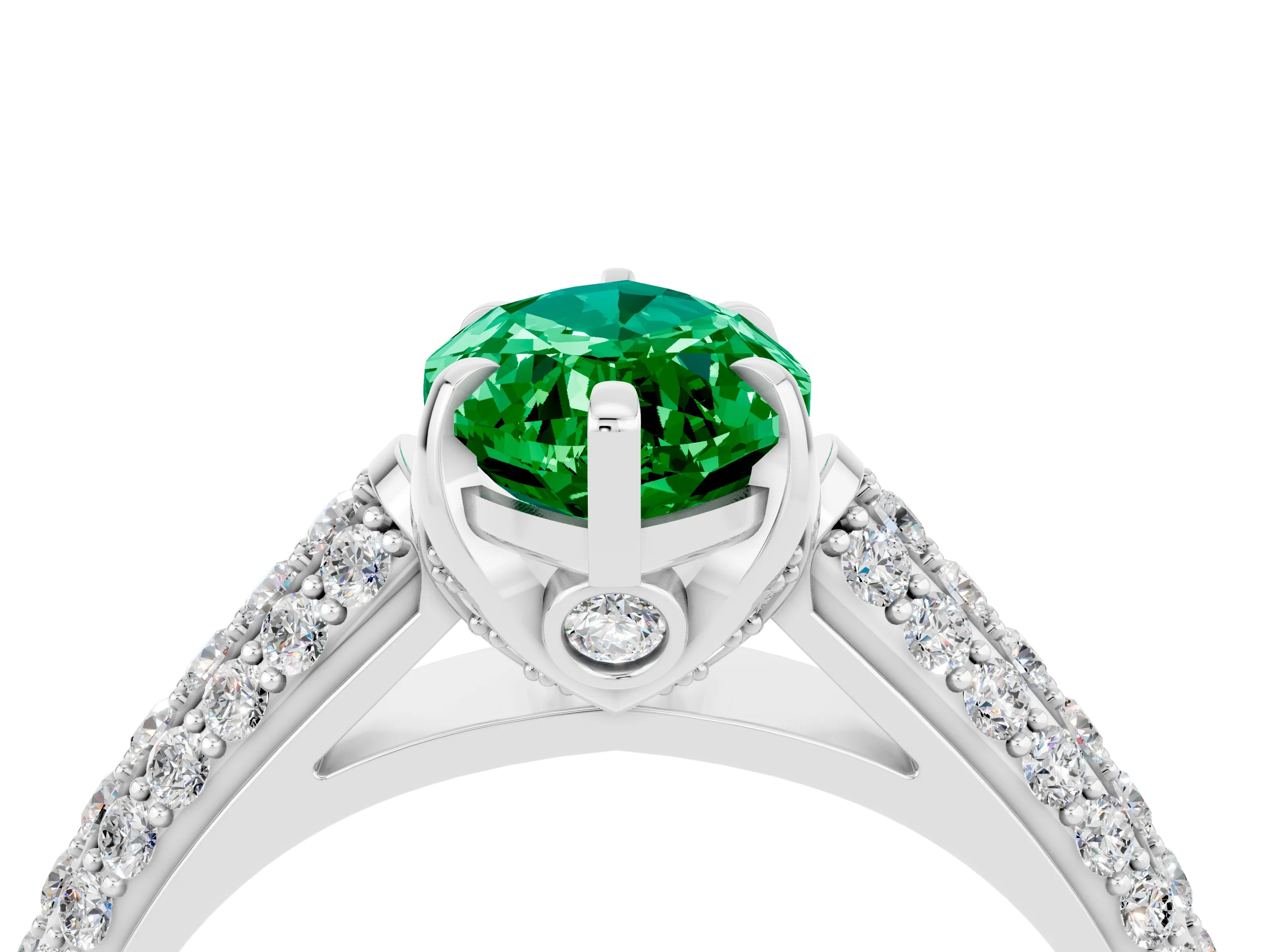 White gold Marquise Cut Emerald Solitaire Ring with Three-Row Pavé Band and Four-Prong Setting_16