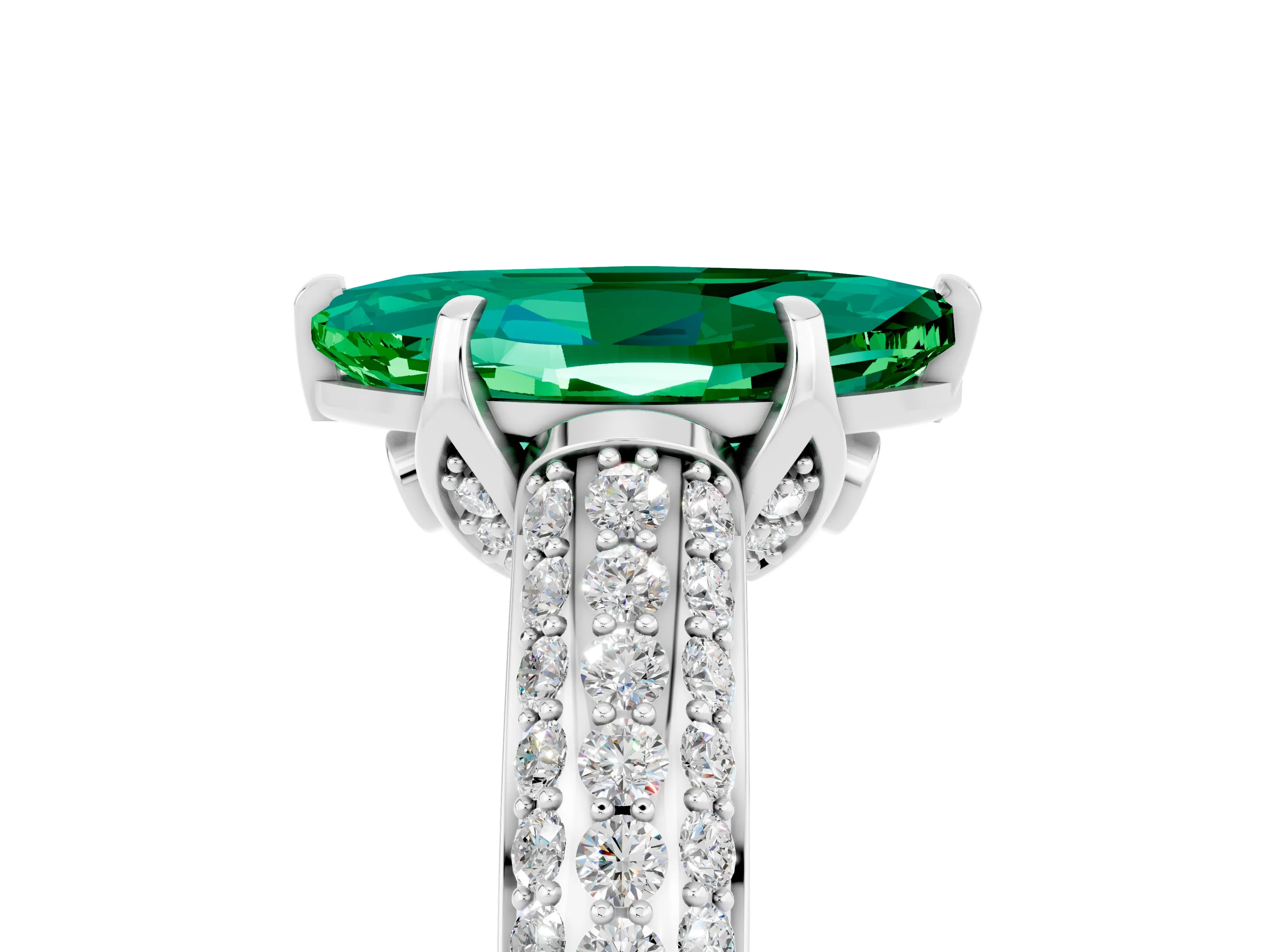 White gold Marquise Cut Emerald Solitaire Ring with Three-Row Pavé Band and Four-Prong Setting_17