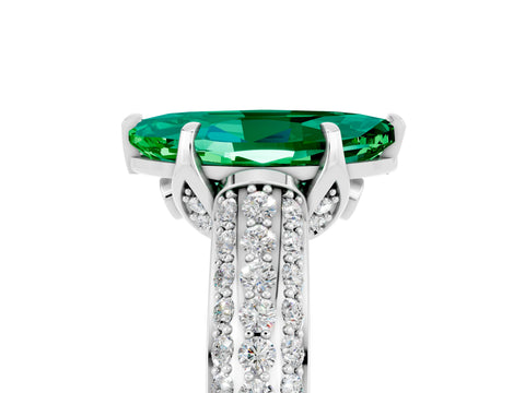 White gold Marquise Cut Emerald Solitaire Ring with Three-Row Pavé Band and Four-Prong Setting_17