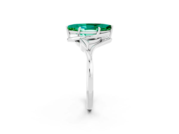 Silver Marquise Cut Emerald Solitaire Ring with Twist Band and Four-Prong Setting