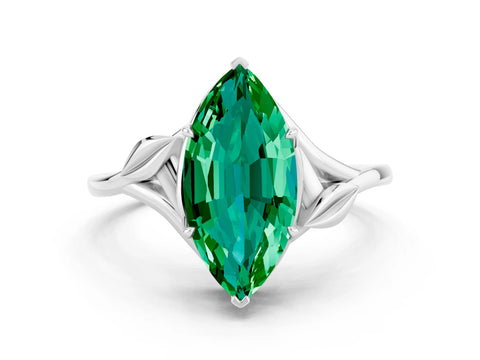 White gold Marquise Cut Emerald Solitaire Ring with Twist Band and Four-Prong Setting_36