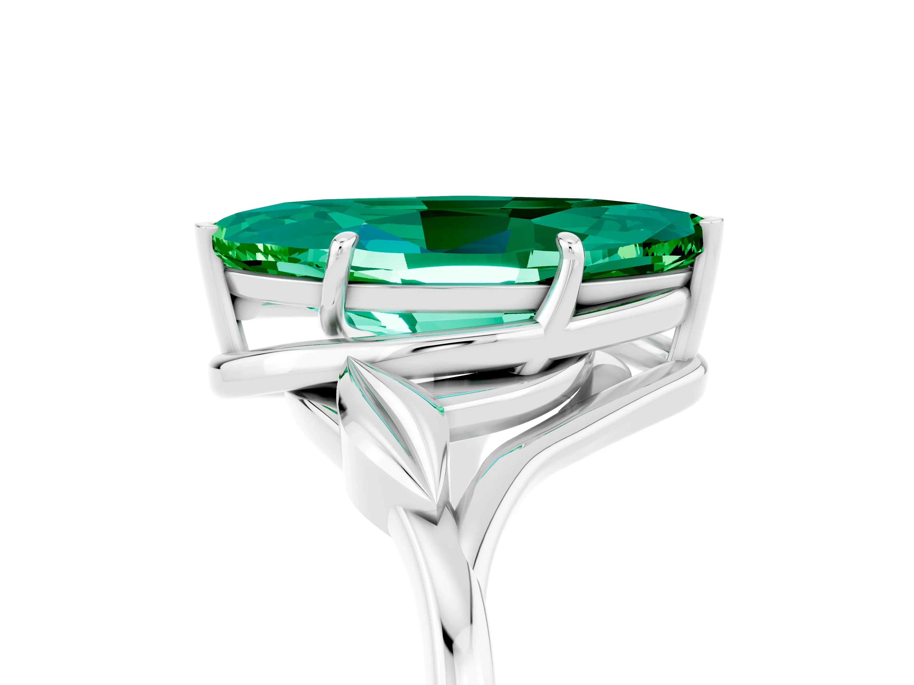 White gold Marquise Cut Emerald Solitaire Ring with Twist Band and Four-Prong Setting_41