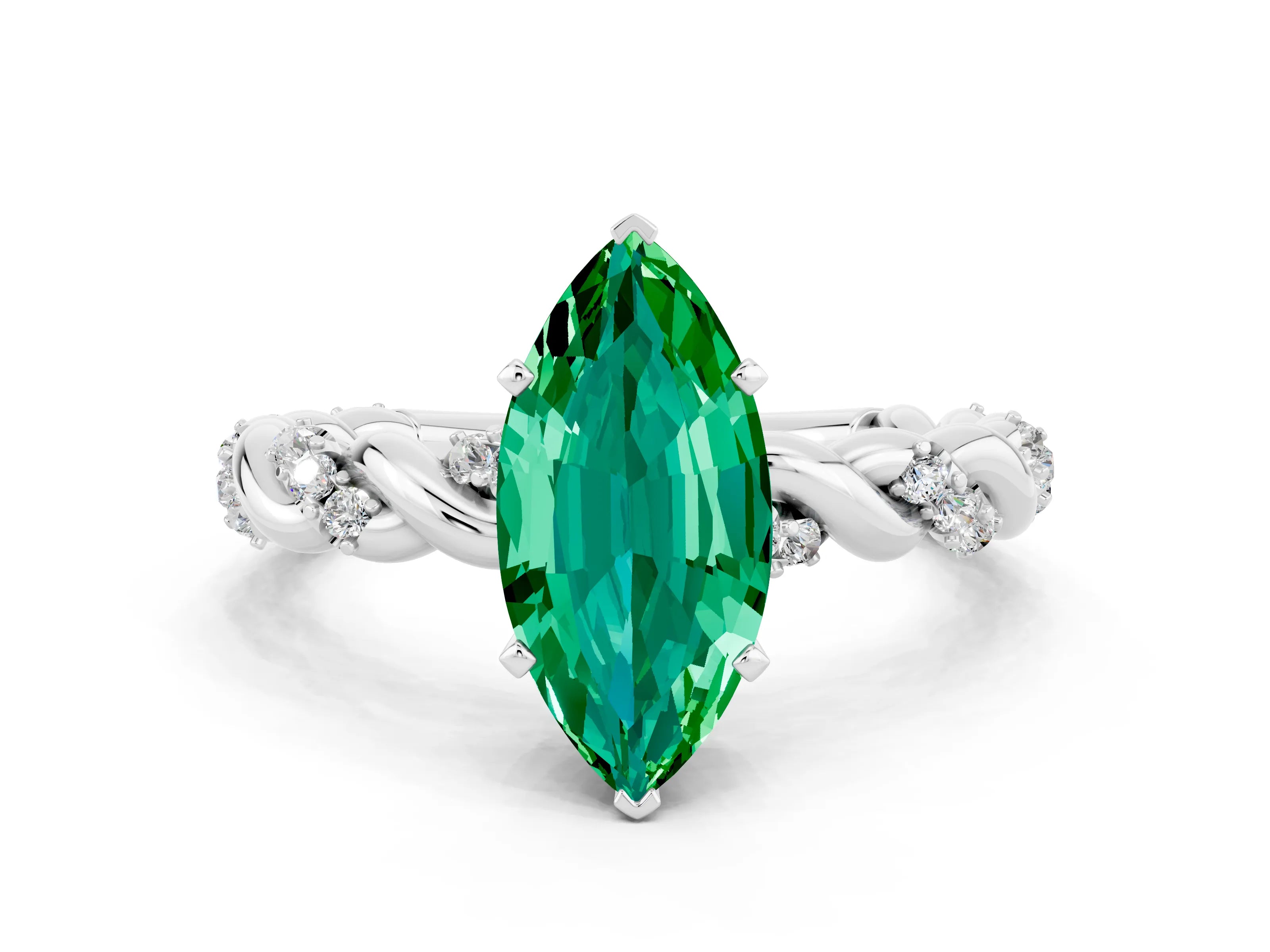 White gold Marquise Cut Emerald Solitaire Ring with Twisted Band and Pavé Accents