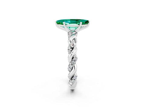 White gold Marquise Cut Emerald Solitaire Ring with Twisted Band and Pavé Accents_2