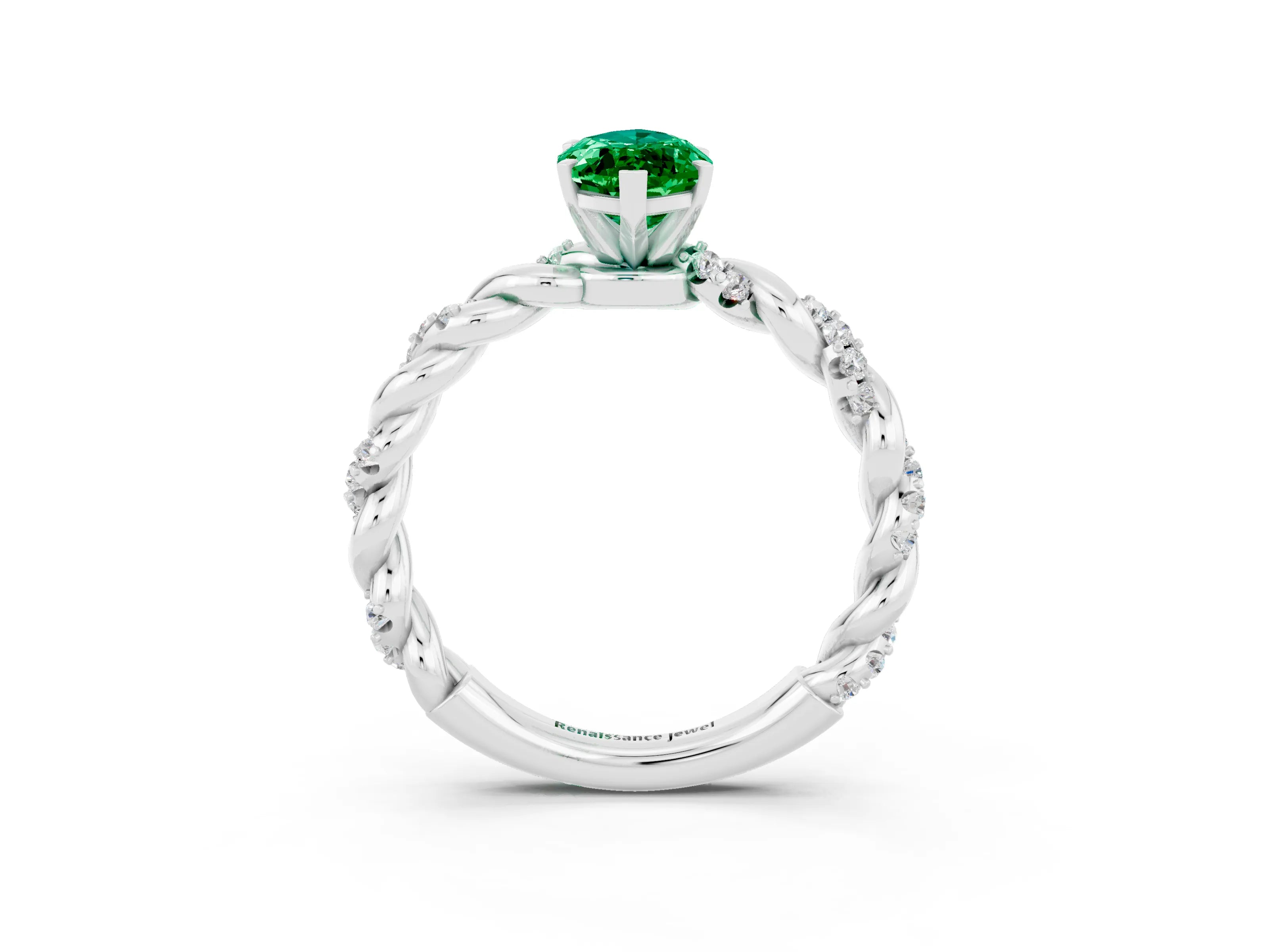 White gold Marquise Cut Emerald Solitaire Ring with Twisted Band and Pavé Accents_3