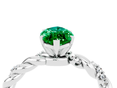 White gold Marquise Cut Emerald Solitaire Ring with Twisted Band and Pavé Accents_4