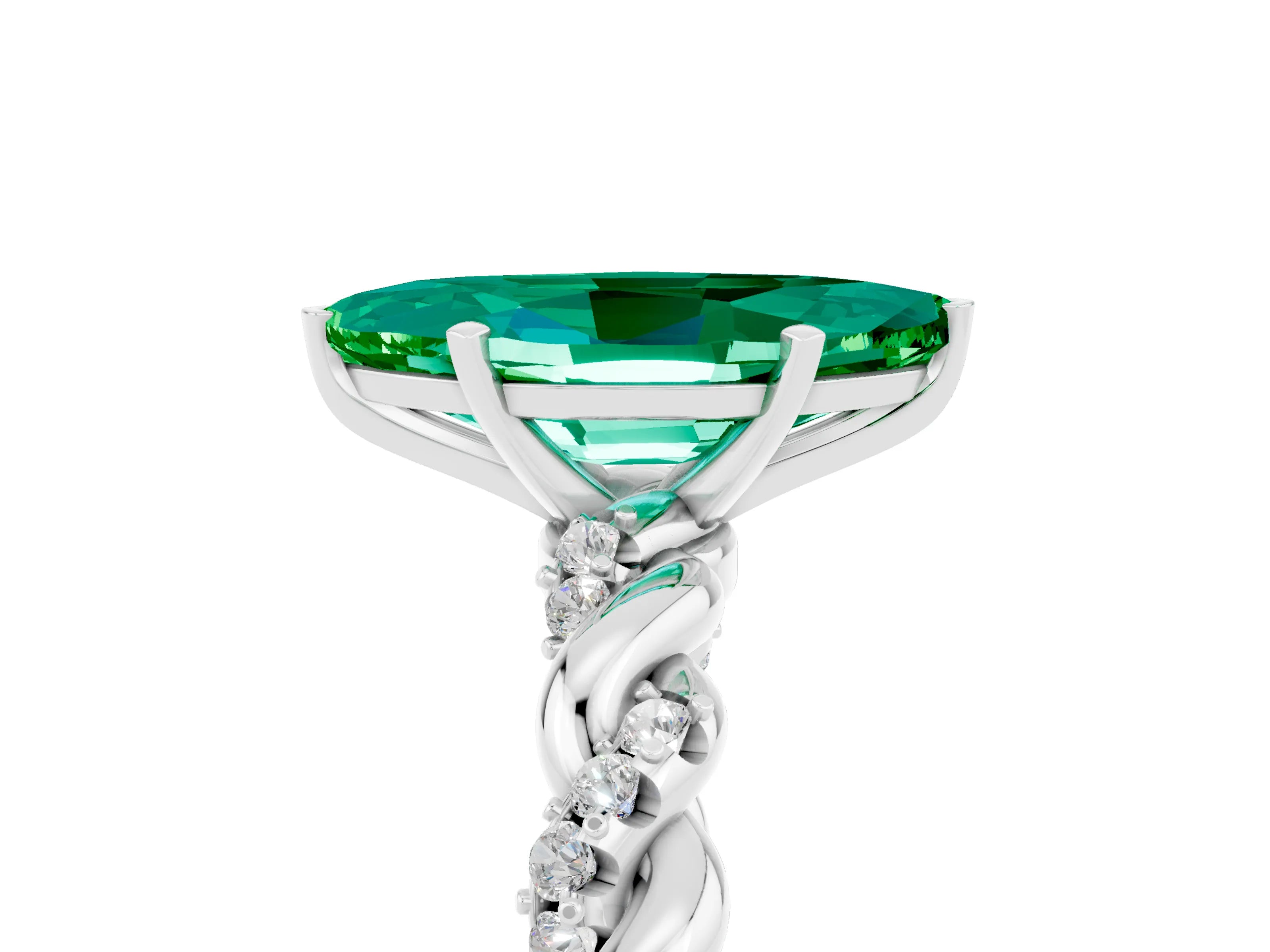 White gold Marquise Cut Emerald Solitaire Ring with Twisted Band and Pavé Accents_5