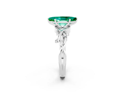 White gold Marquise Cut Emerald Solitaire Ring with Twisted Band and Prong Setting_14