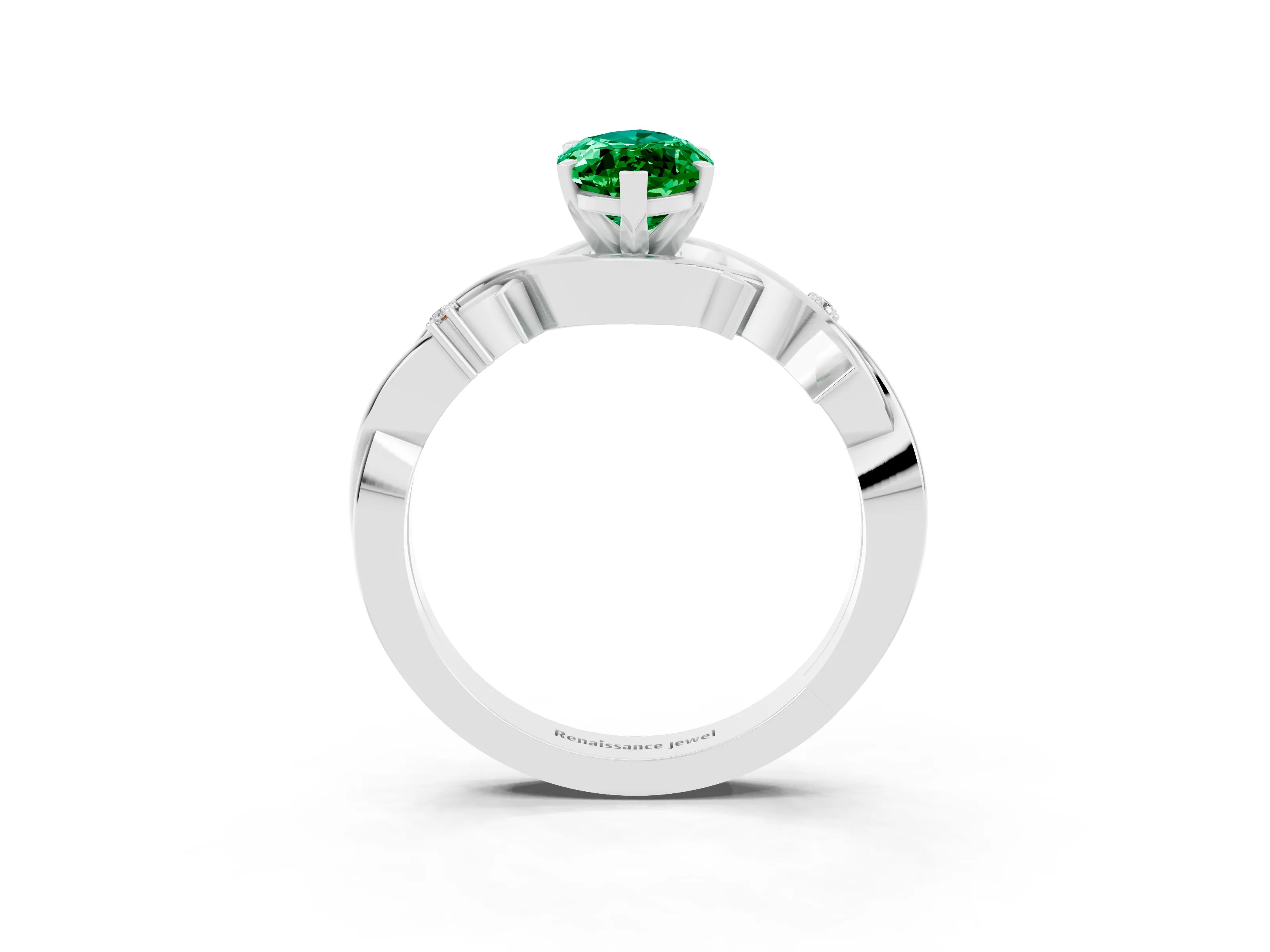 White gold Marquise Cut Emerald Solitaire Ring with Twisted Band and Prong Setting_3