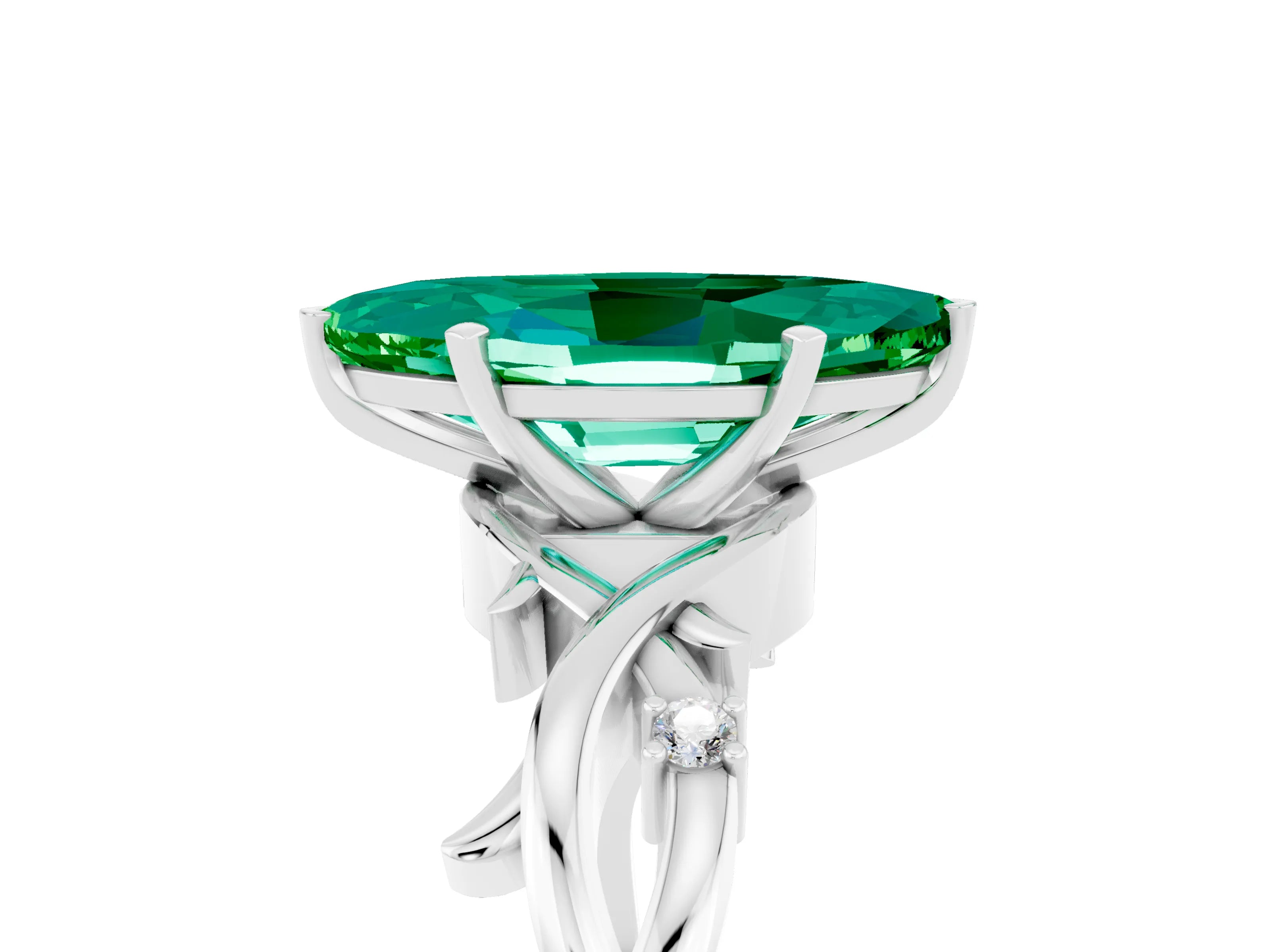 White gold Marquise Cut Emerald Solitaire Ring with Twisted Band and Prong Setting_5
