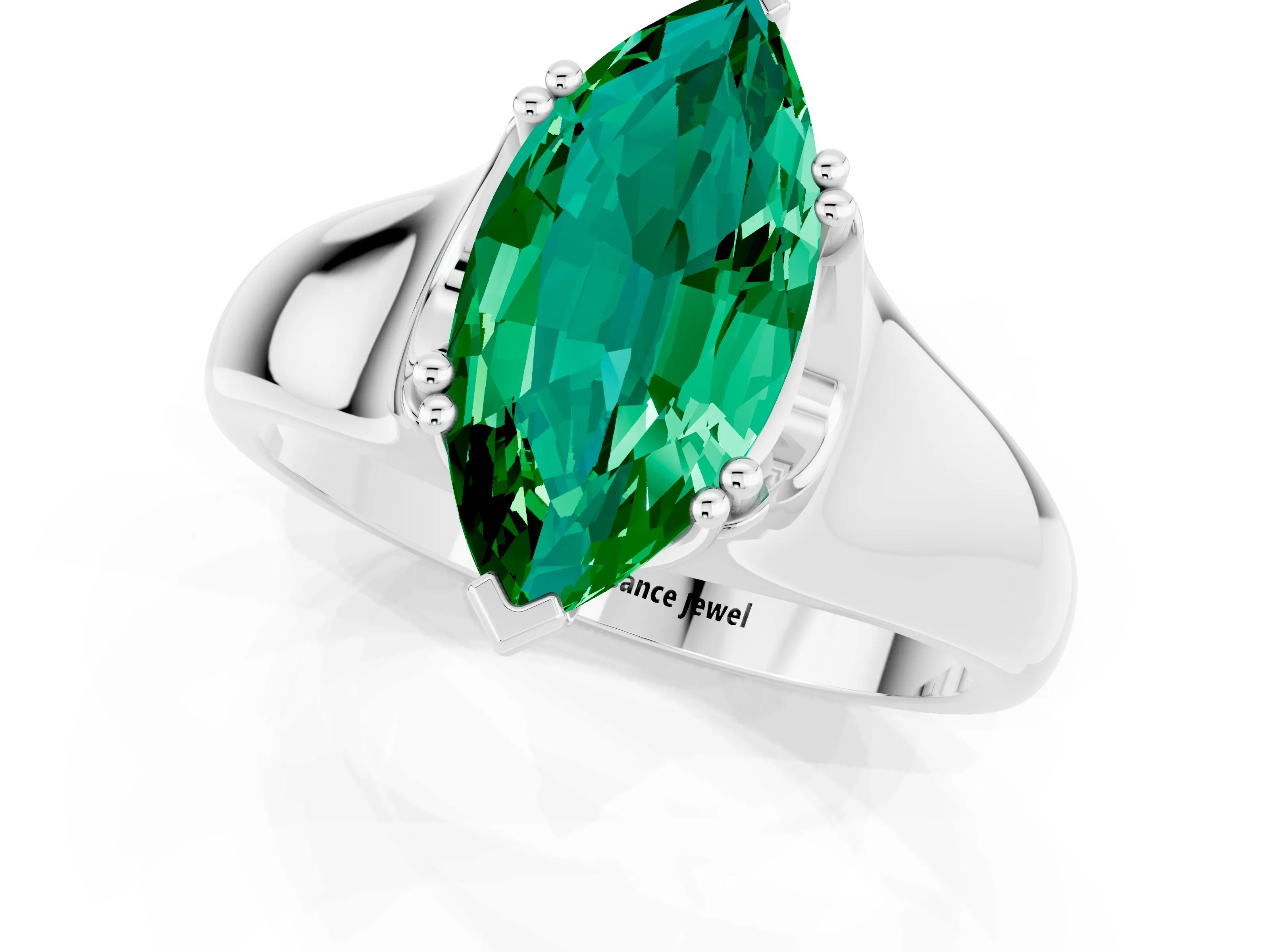 White gold Marquise Cut Emerald Solitaire Ring with Wide Band and Prong Setting_1