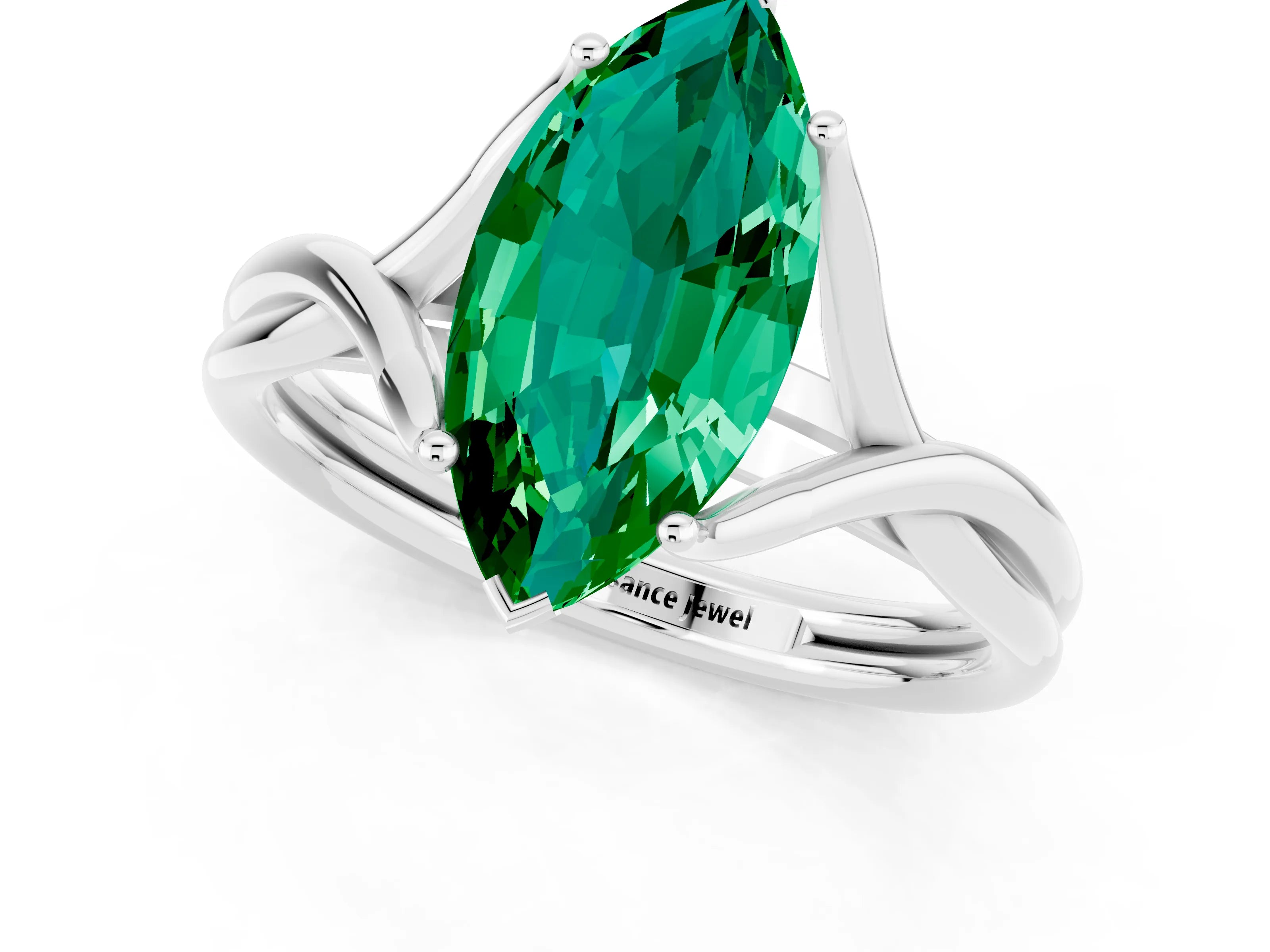 White gold Marquise Cut Emerald Solitaire Twist Band Prong Setting Ring_25