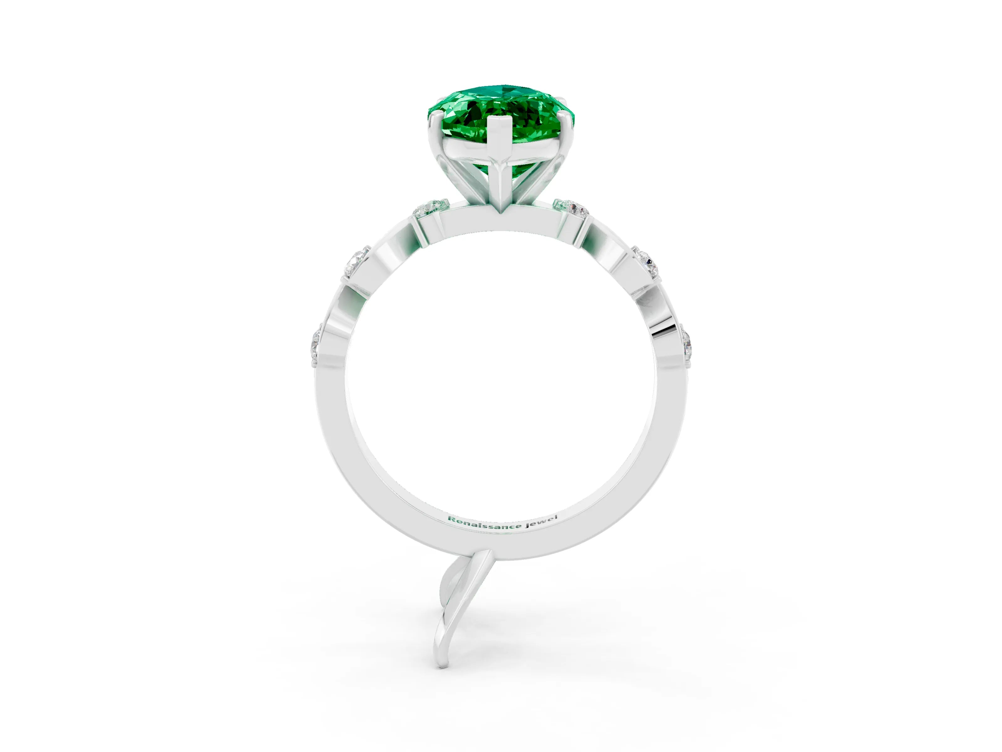 White gold Marquise Cut Emerald Solitaire Twisted Band with Round  Accents and Prong Setting_27