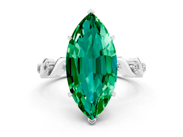 White gold Marquise Cut Emerald Solitaire Twisted Band with Round  Accents and Prong Setting