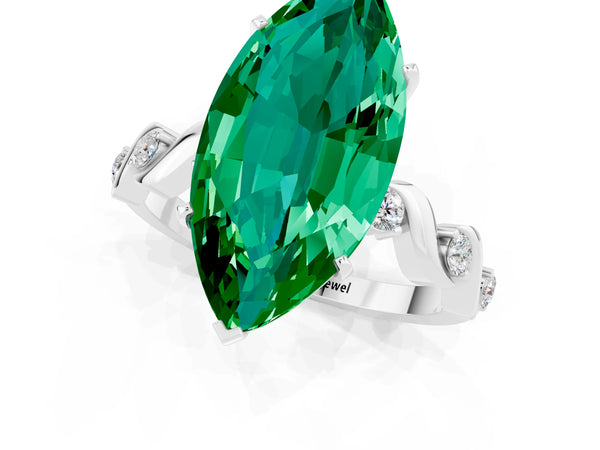 White gold Marquise Cut Emerald Solitaire Twisted Band with Round  Accents and Prong Setting