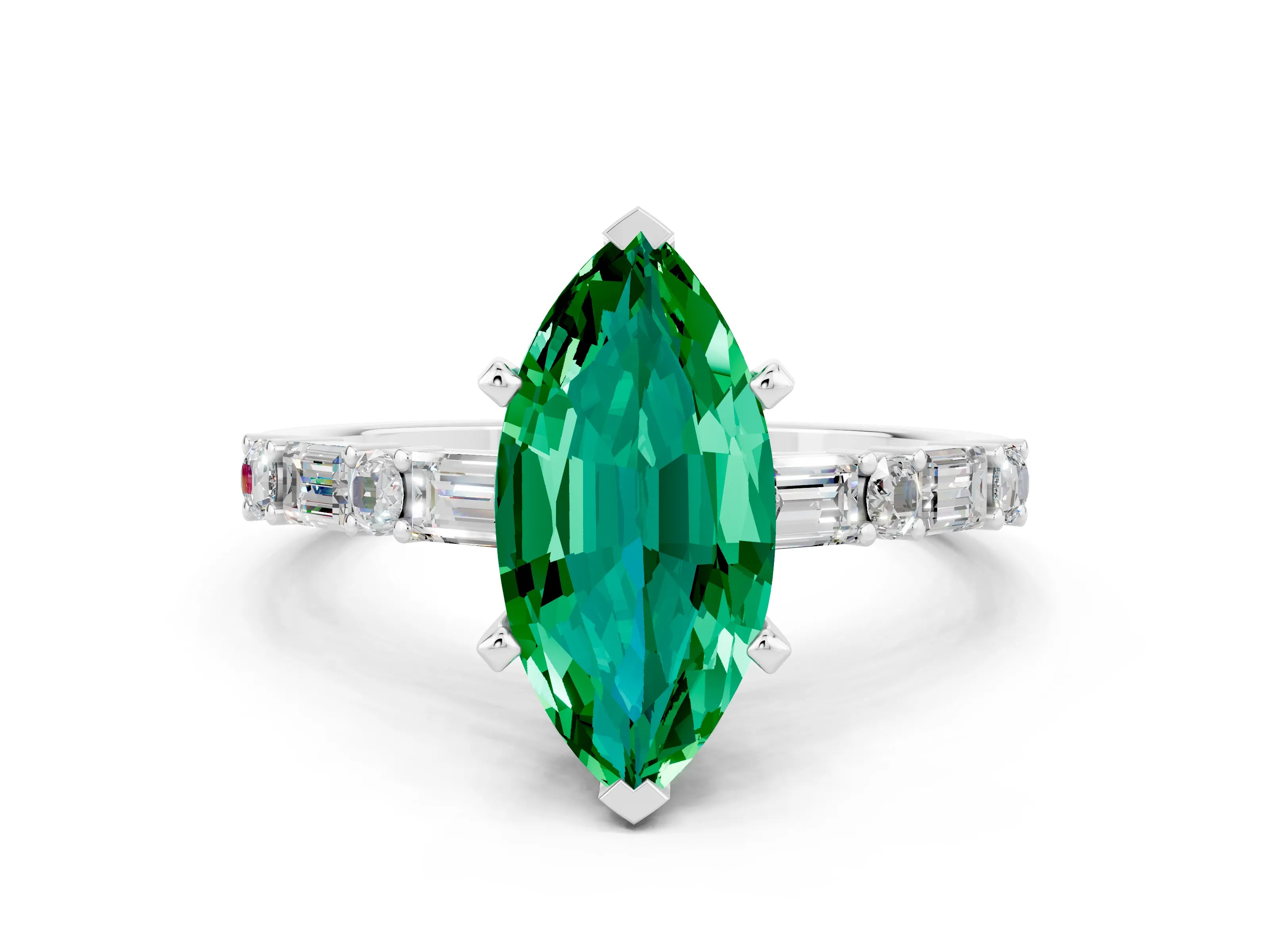 White gold Marquise Cut Emerald Solitaire with Side Baguettes and Channel Set Band