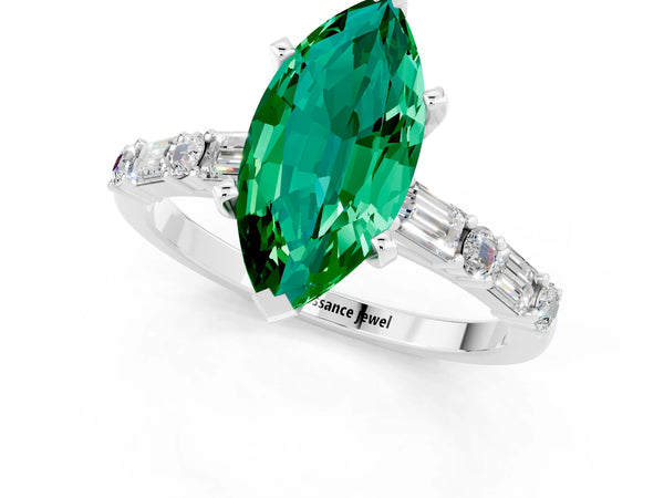 Platinum Marquise Cut Emerald Solitaire with Side Baguettes and Channel Set Band