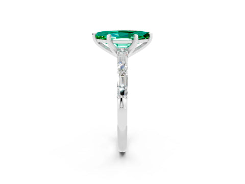 White gold Marquise Cut Emerald Solitaire with Side Baguettes and Channel Set Band_2