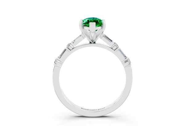 White gold Marquise Cut Emerald Solitaire with Side Baguettes and Channel Set Band