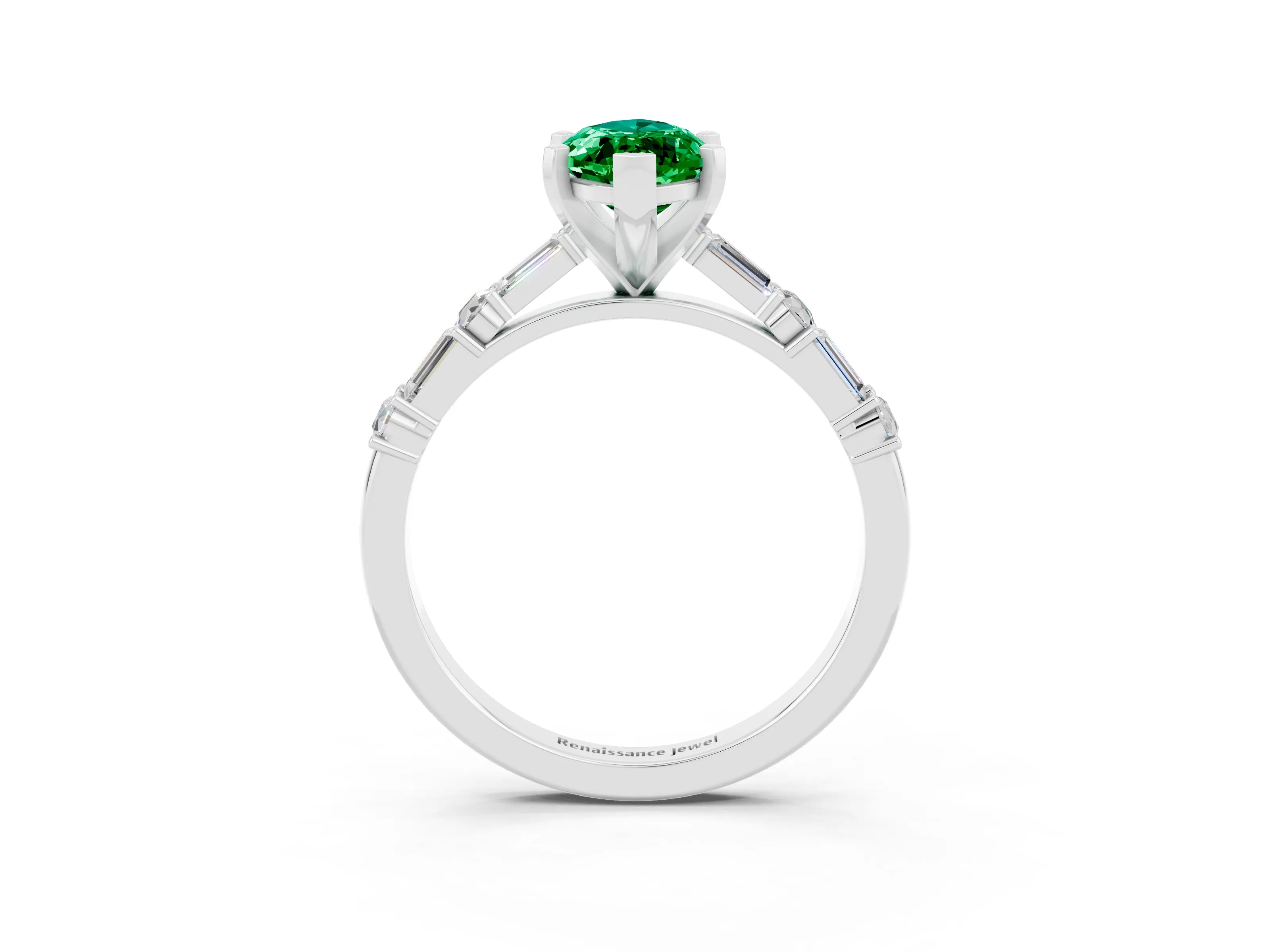 White gold Marquise Cut Emerald Solitaire with Side Baguettes and Channel Set Band_3