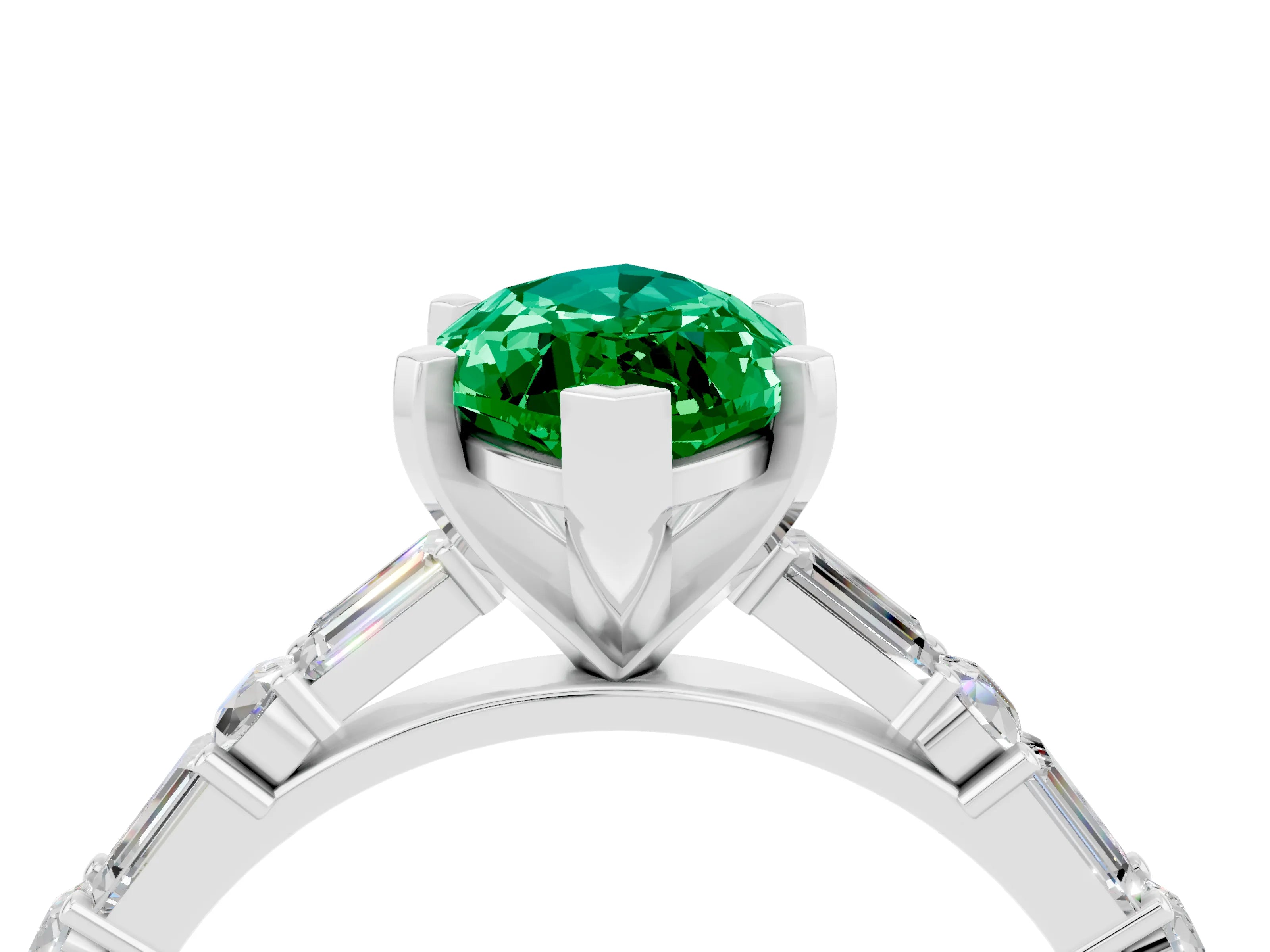 White gold Marquise Cut Emerald Solitaire with Side Baguettes and Channel Set Band_4