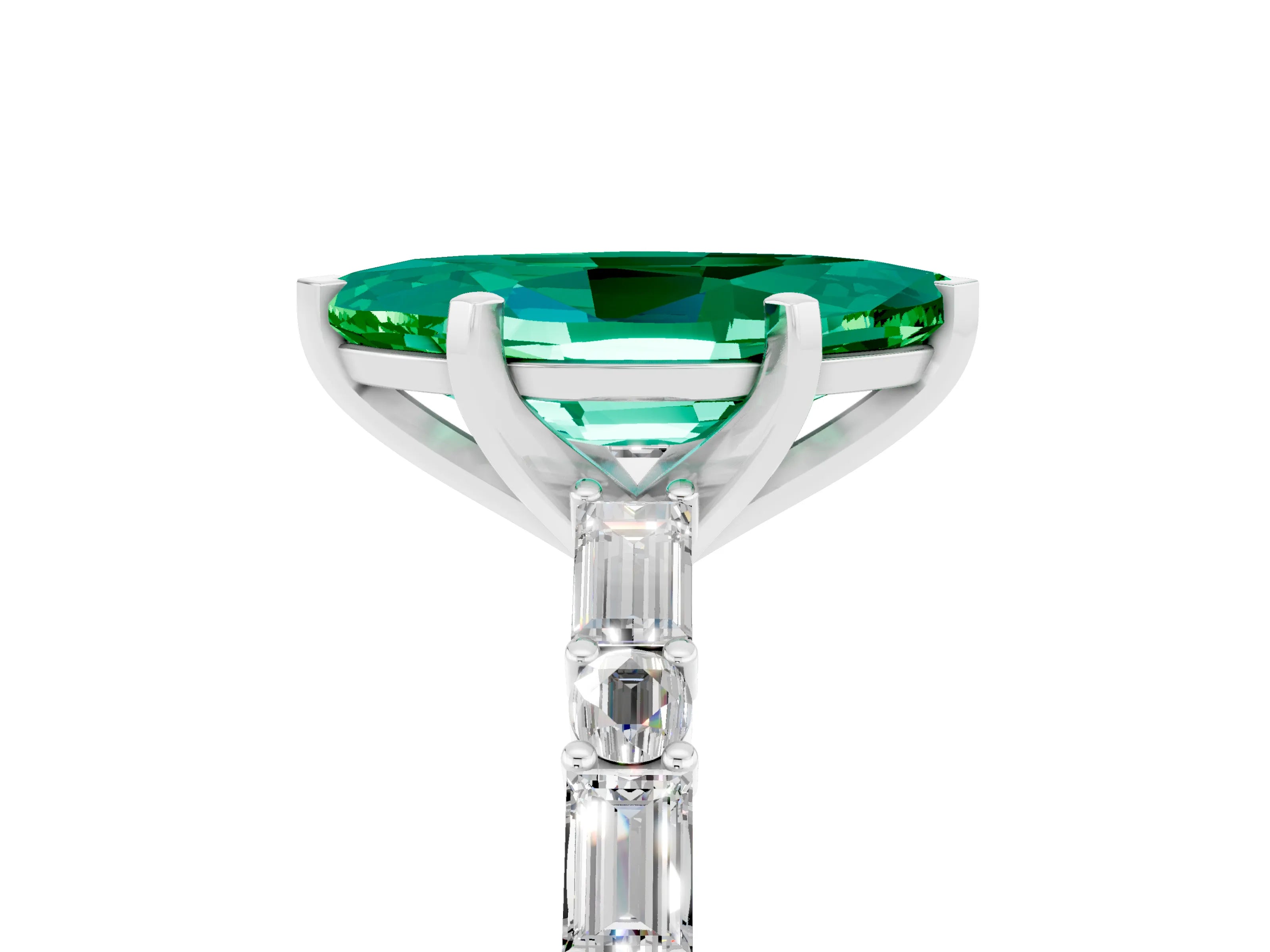 White gold Marquise Cut Emerald Solitaire with Side Baguettes and Channel Set Band_5