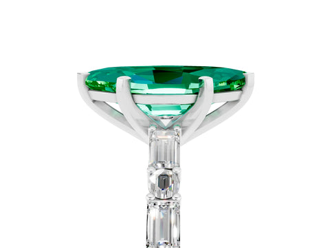White gold Marquise Cut Emerald Solitaire with Side Baguettes and Channel Set Band_5
