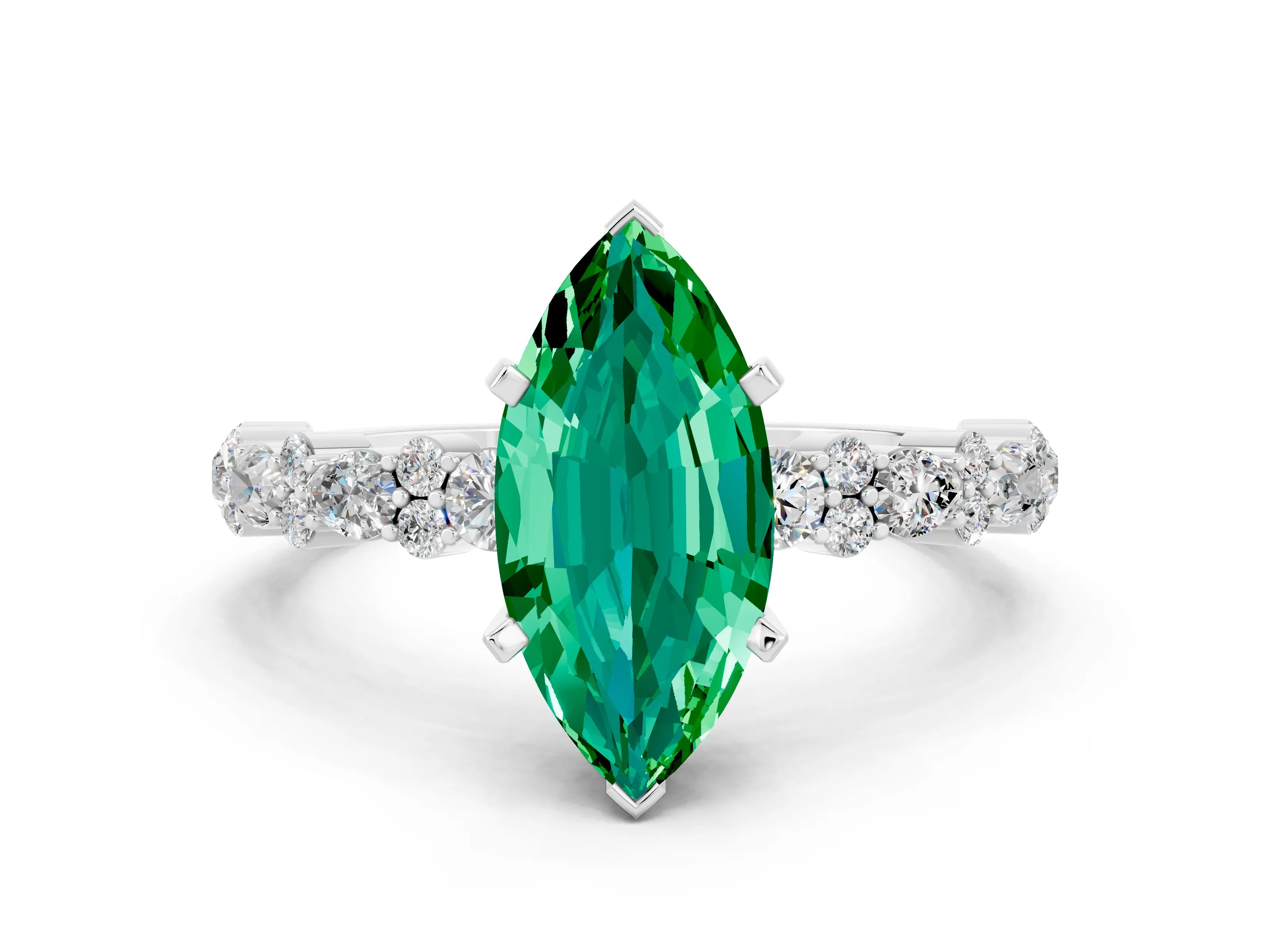 White gold Marquise Cut Emerald Solitaire with Side Stones, Pave Band, Four-Prong Setting_36