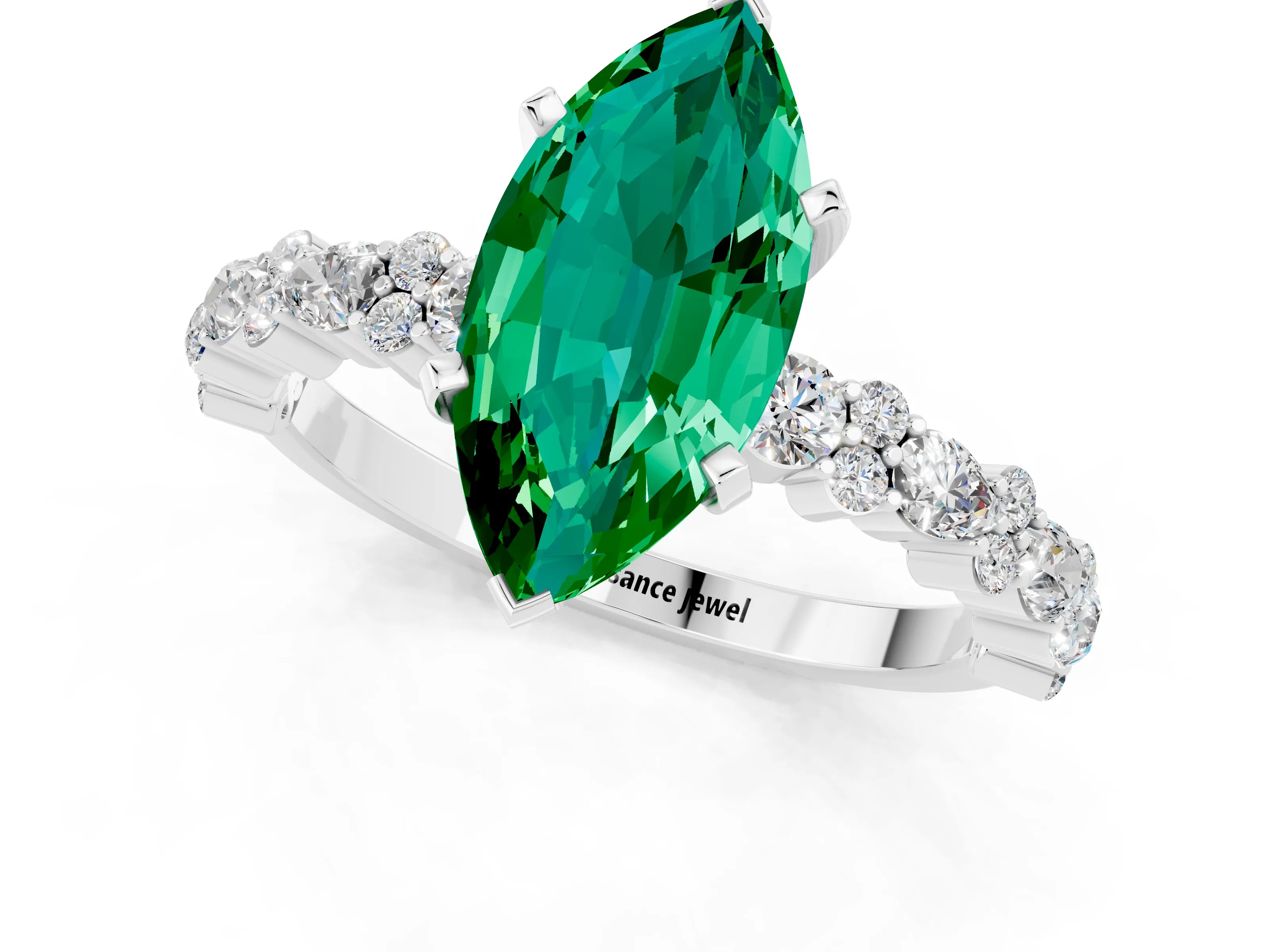White gold Marquise Cut Emerald Solitaire with Side Stones, Pave Band, Four-Prong Setting_37