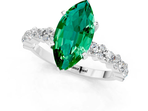 White gold Marquise Cut Emerald Solitaire with Side Stones, Pave Band, Four-Prong Setting_37