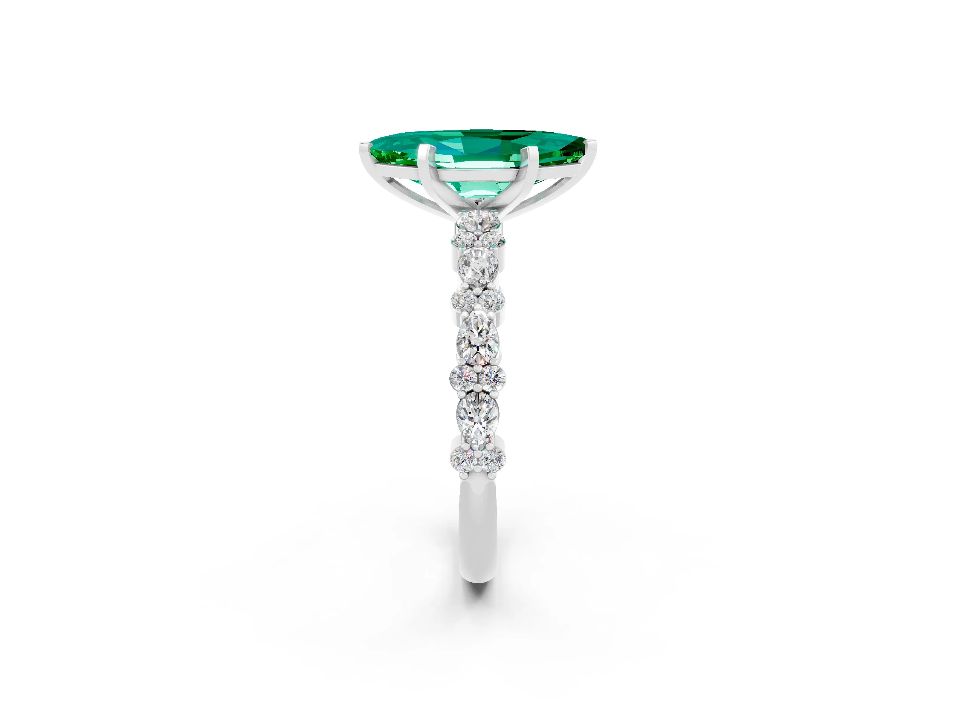 White gold Marquise Cut Emerald Solitaire with Side Stones, Pave Band, Four-Prong Setting_38