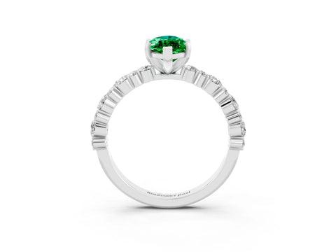 White gold Marquise Cut Emerald Solitaire with Side Stones, Pave Band, Four-Prong Setting_39